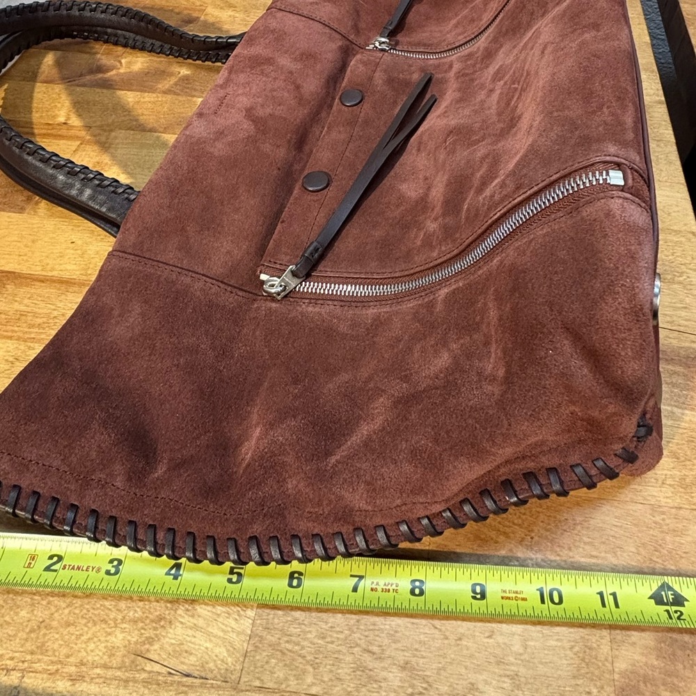 AllSaints Mori Suede Leather Tote Bag Brown Braided Handle Whipstitch - Picture 5 of 14